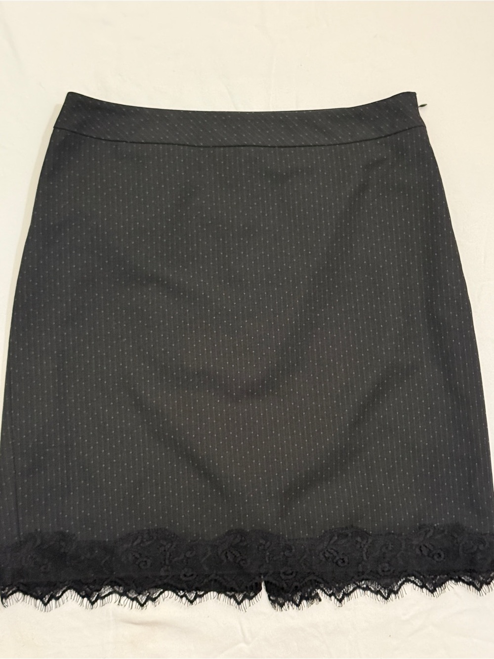 LOFT Black Pinstripe Pencil Skirt with Lace Trim